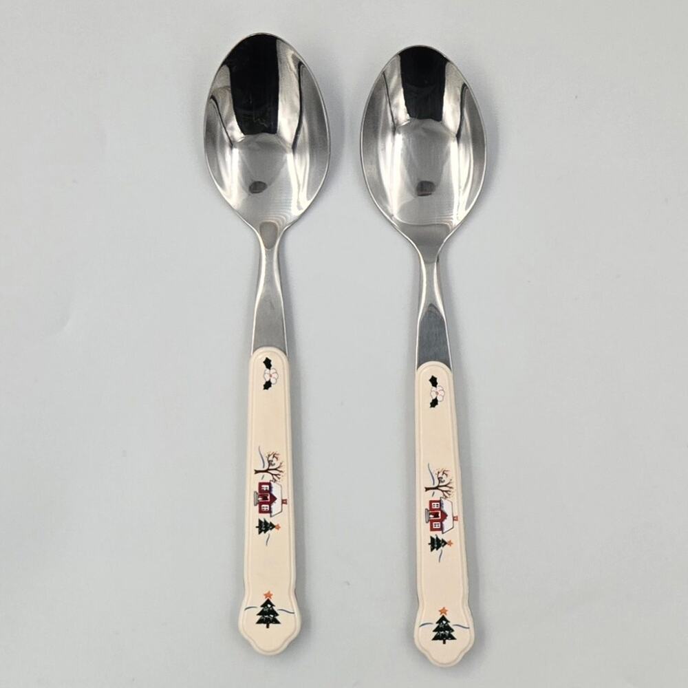 Two Pfaltzgraff Snow Village Stainless Steel Dinner Spoons Replacements